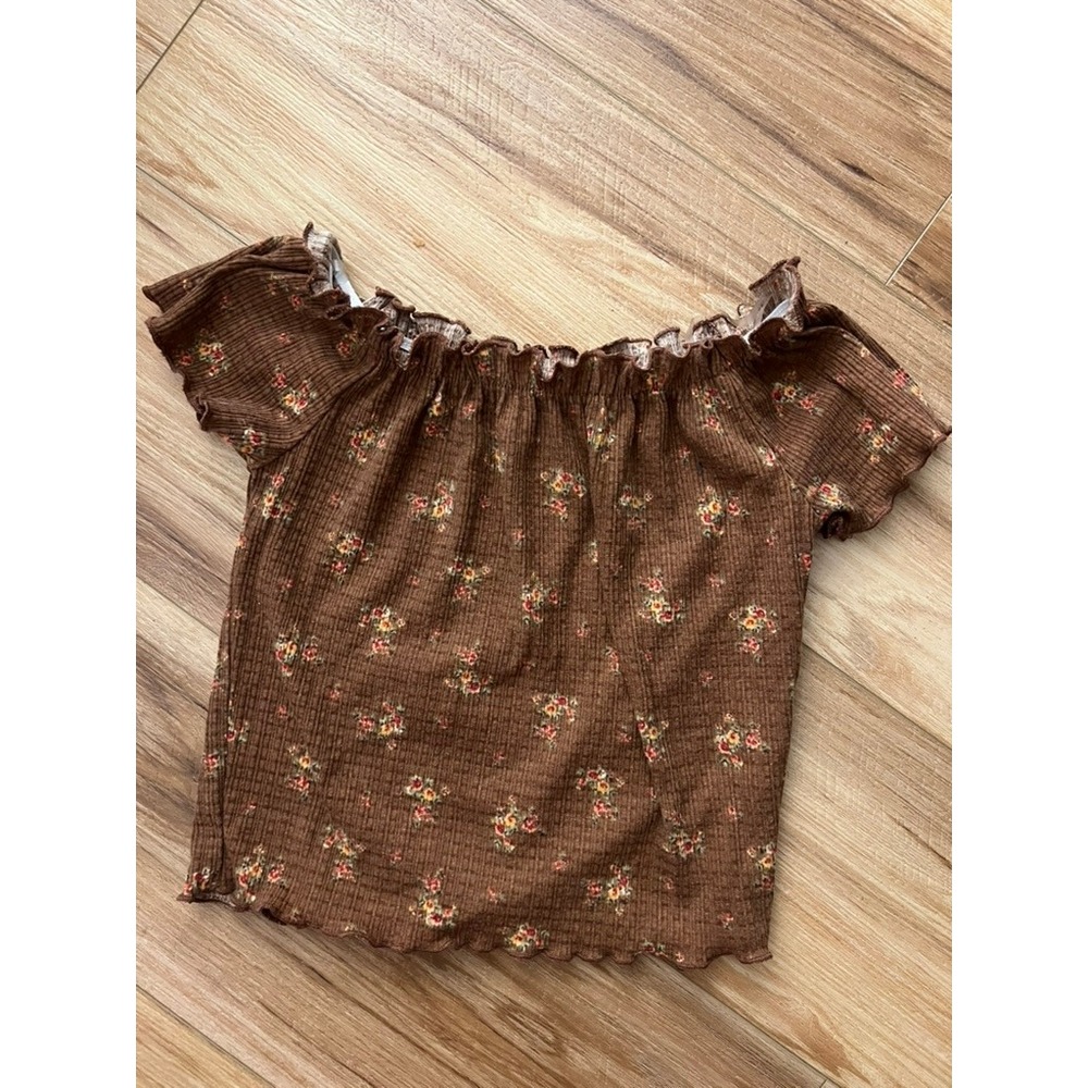 Brit & Bri Med Brown Floral Off Shoulder Smock Ruffle Crop Top Cowgirl Festival